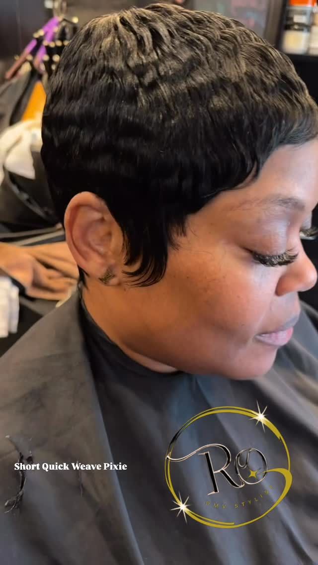 Short quick weave pixie, profile view with gold hoop